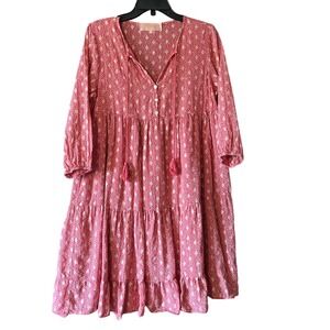 Scandal‎ Pink Floral Print Tiered Tassel Tie Neck Long Sleeve Dress Size S